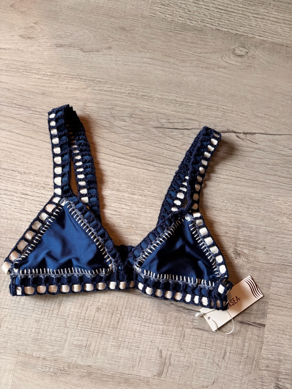 LUXSEA Navy Blue Crochet Bikini Top White Trim NWT